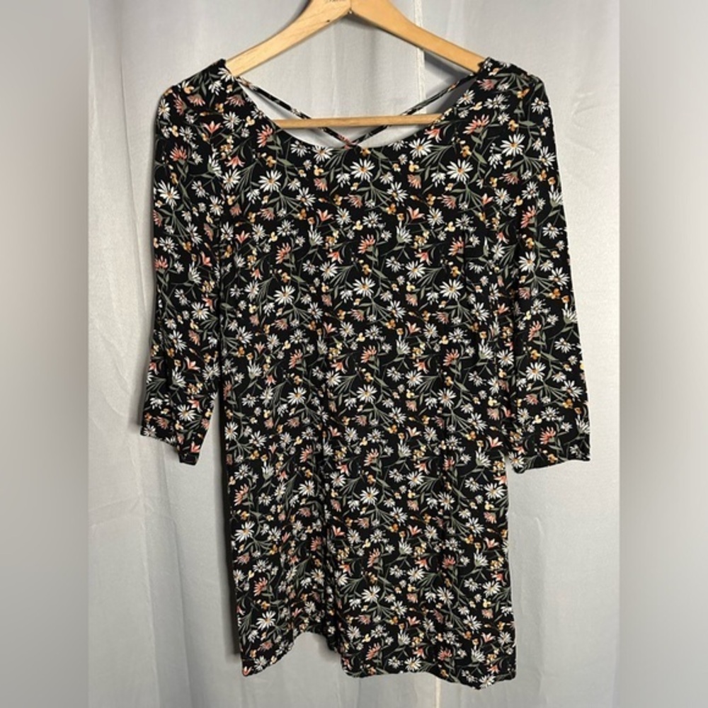 Forever 21 Black Floral Daisy Crisscross Back Mini Dress 3/4 Sleeve XS